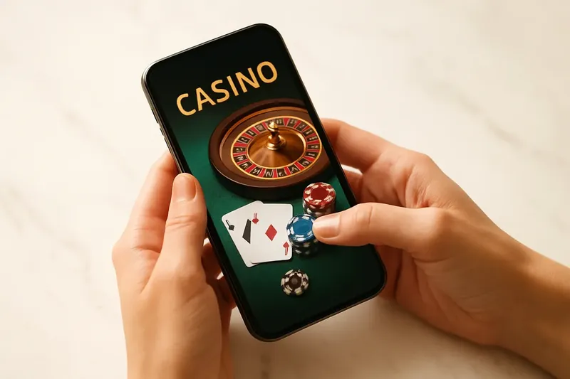 Close-up hands holding smartphone with casino app on marble surface