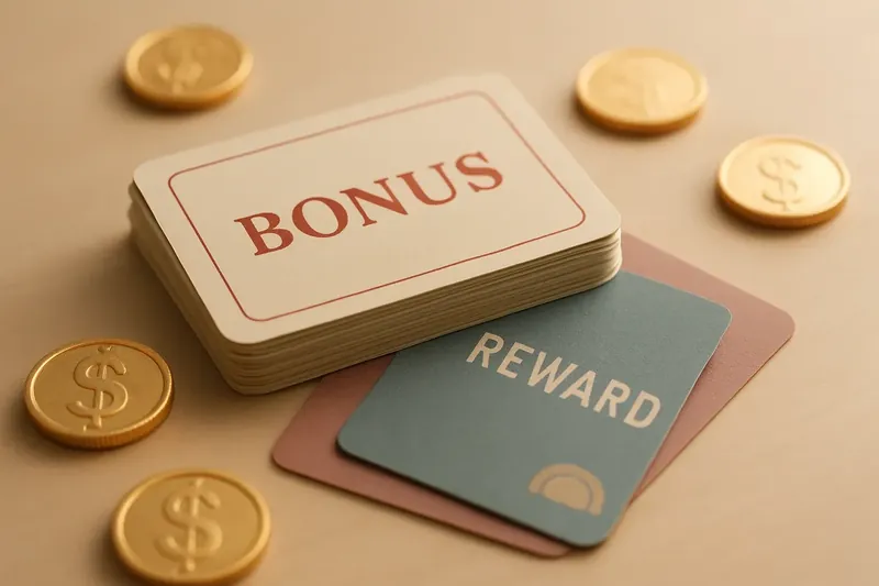 Stack of casino bonus vouchers and reward cards with gold coins