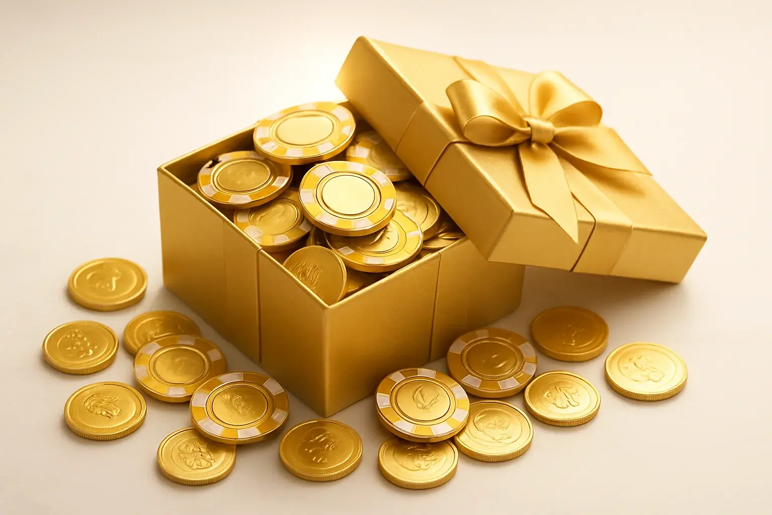 Golden gift box overflowing with poker chips and gold coins