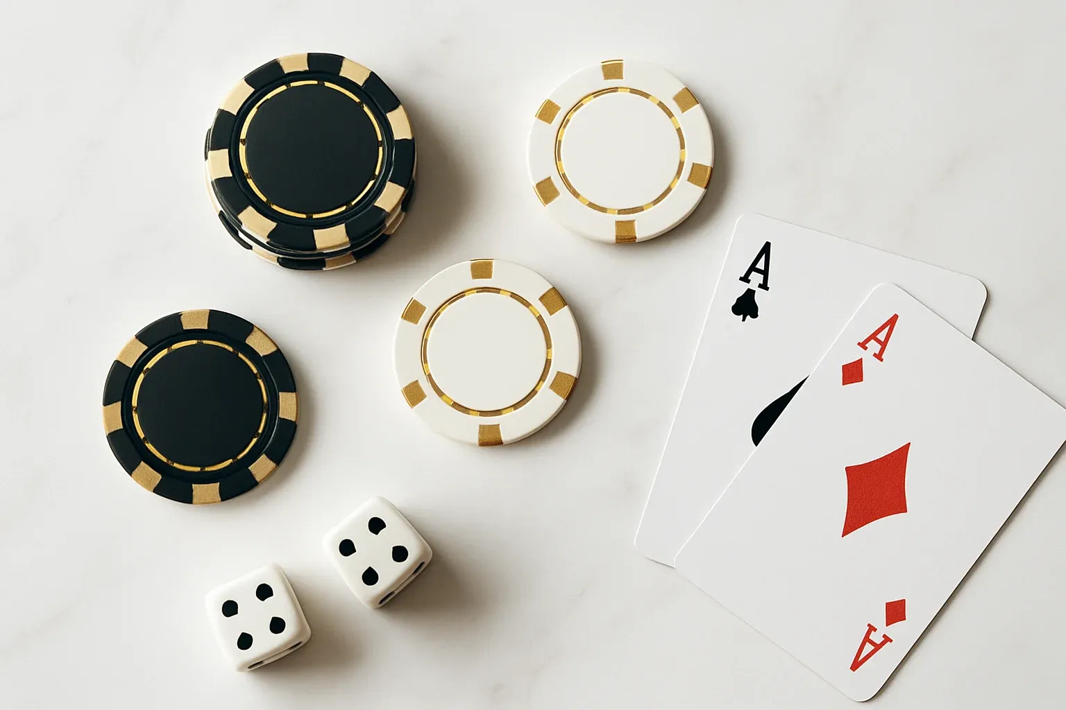Elegant casino chips, cards and dice on white marble with gold accents