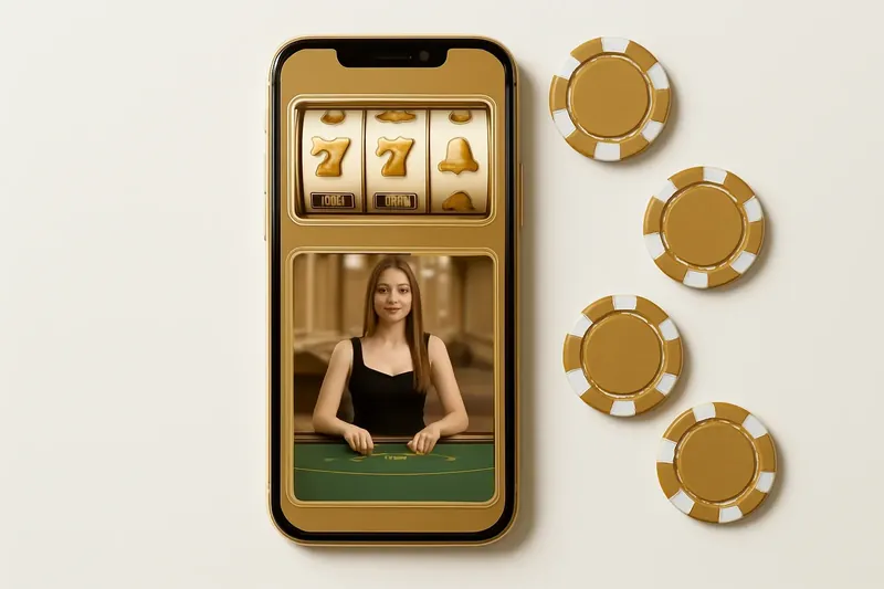 Mobile phone showing casino app with slots and live games