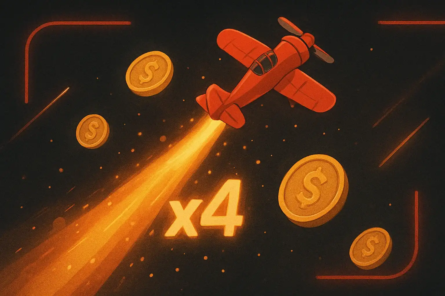 Red airplane climbing with glowing multiplier trail, coins, sparks, neon accents