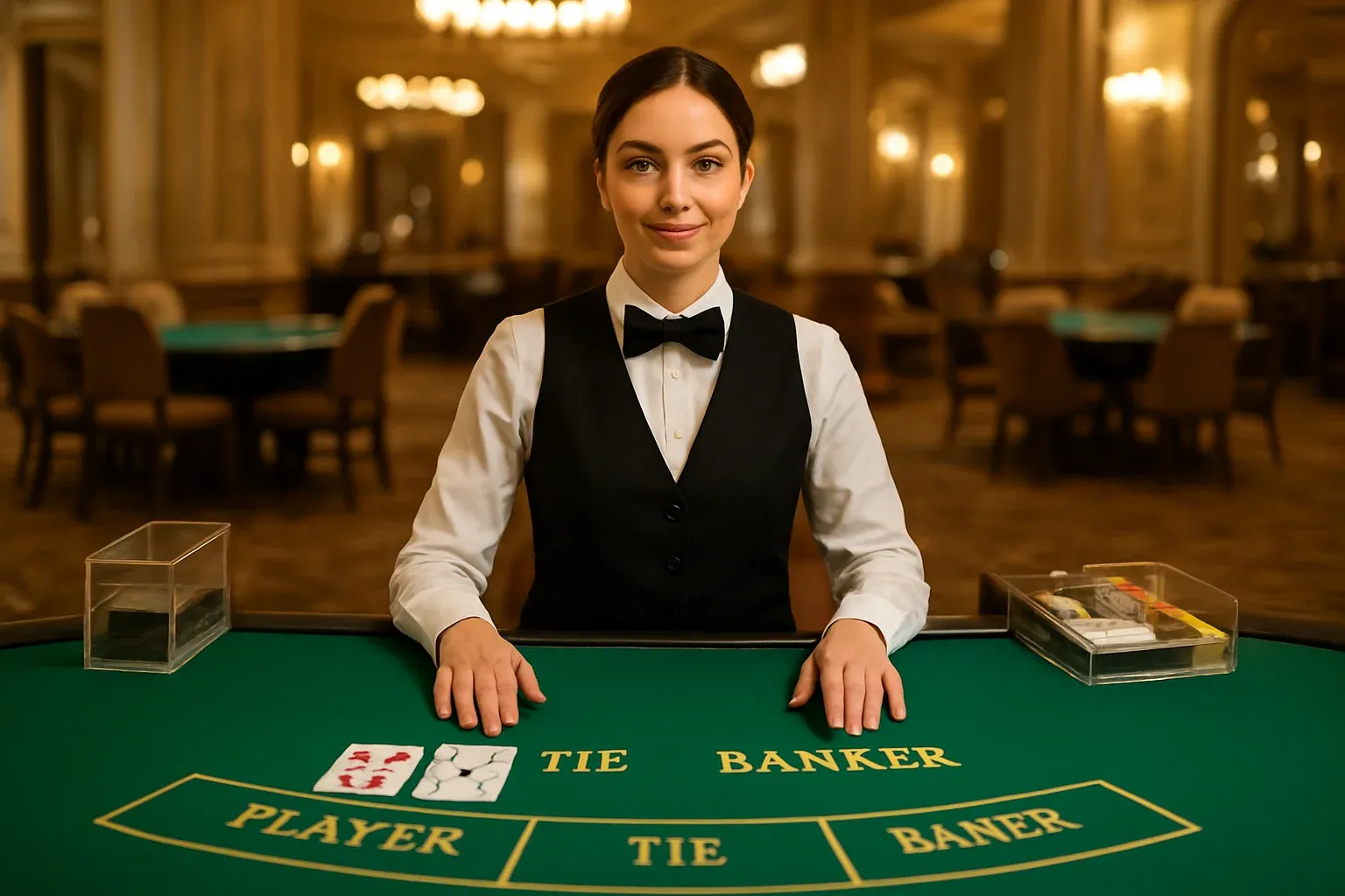Professional female dealer at elegant live baccarat table with green felt