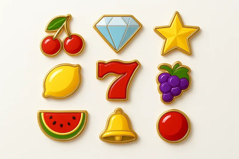Assorted casino slot icons with fruit, diamonds, lucky 7s, stars