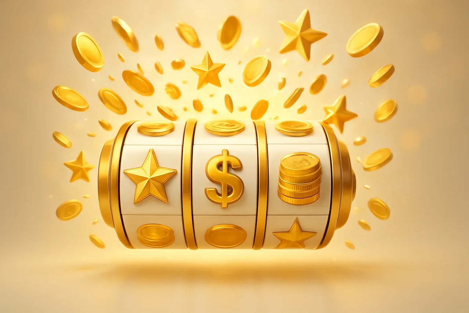 Colorful slot machine reels with gold symbols, coins, and stars bursting